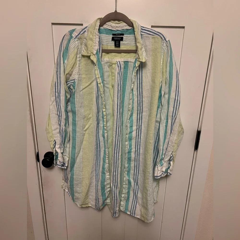 Jones & Co 100% Linen Tunic Top 1X Plus Striped Multicolor Long Sleeve Shirt
